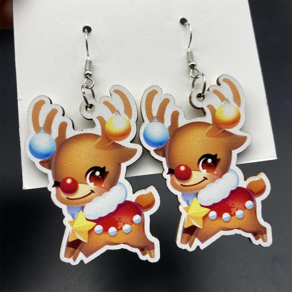 Retro Christmas Reindeer Wood Earrings - Long Festive Design