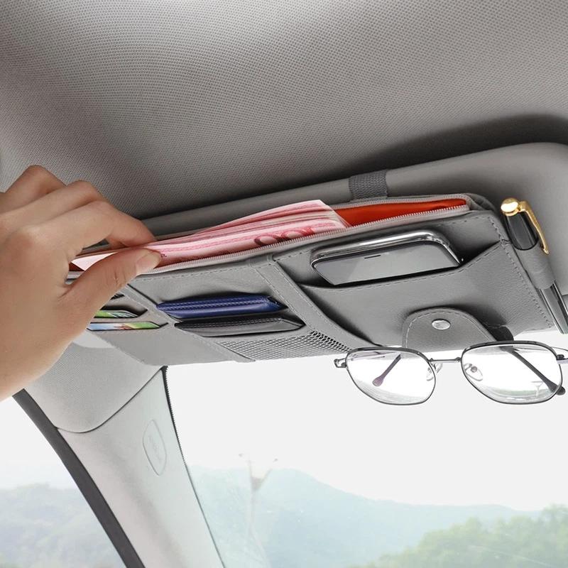 Multifunctional Car Visor Organizer Zippered Sunglasses Clip With Card Holder & Ticket Storage Pouch Auto Interior Accessories