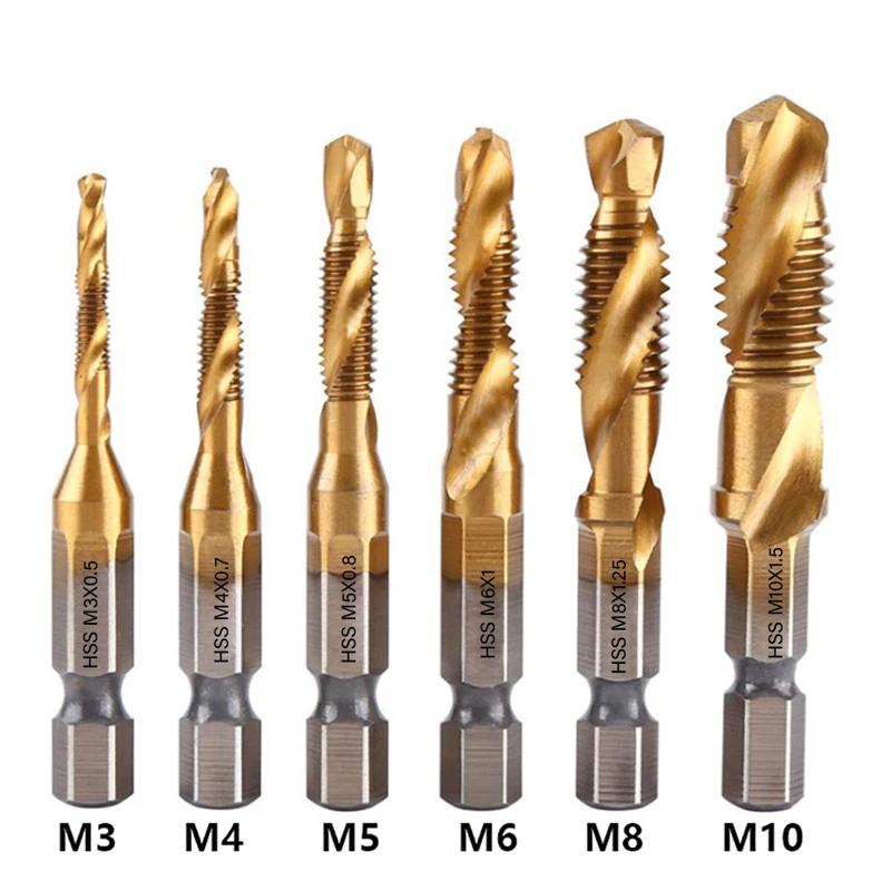 1-6PCS Tap Drill Titanium Plated Hex Shank HSS Screw Thread Metric Tap Bits Screw Machine Compound M3 M4 M5 M6 M8 M10 Hand Tools