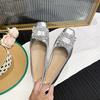 French square head rhinestone single shoes women's 2025 new autumn shallow mouth flat bottom laden shoes soft leather one pedal Doudou shoes