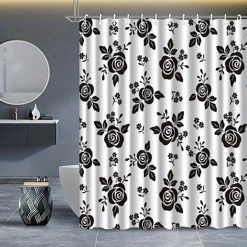 1pc Black and white rose patterned shower curtain, polyester fabric, machine washable, with hooks, suitable for bathroom décor.