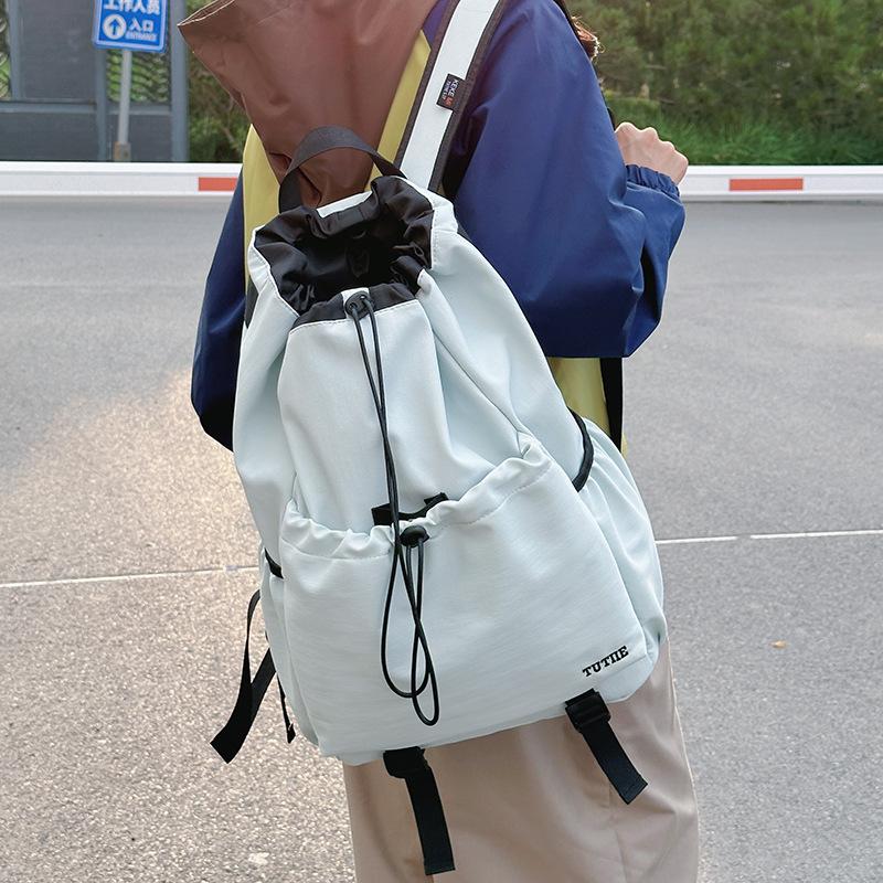 Schoolbag Drawstring Bundle Mouth Bag Backpack Women's Leisure Commuter Lightweight Outdoor Backpack Splicing Color Contrast Anti-splashing Travel Bag