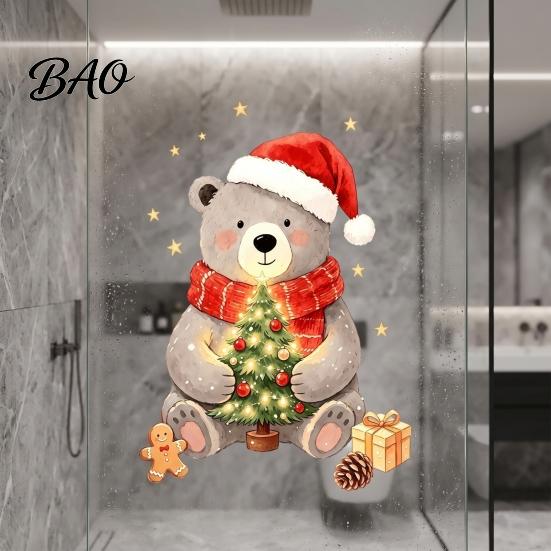 Festive Winter Window Decorations Christmas Bear Static Clings, Cute Holiday Glass Decals, Waterproof PVC Decorative Stickers for Home Store Doors And