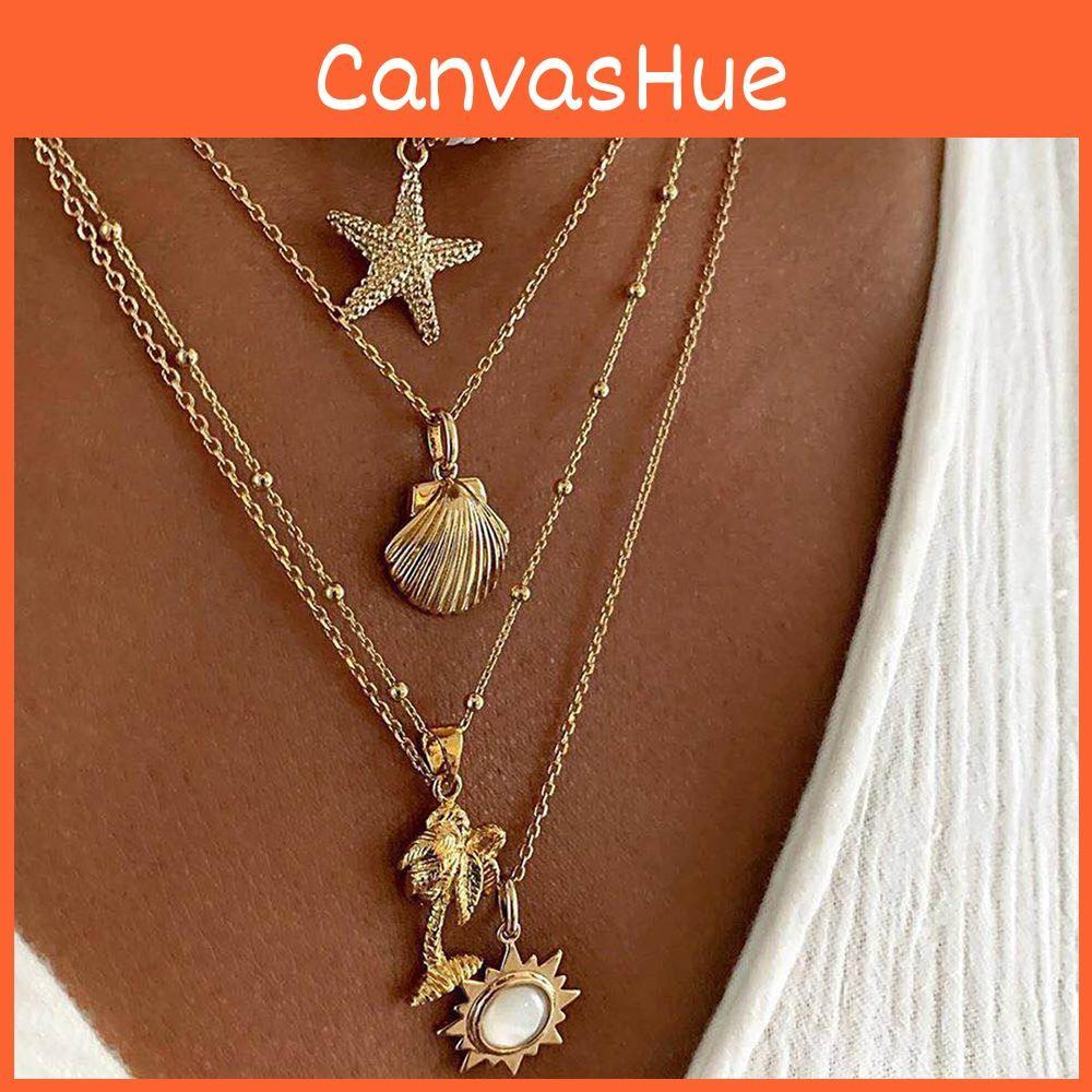 Shell Unique Layered And Starfish Necklace With Eyecatching Alloy Design Suitable For Fashionforward Women