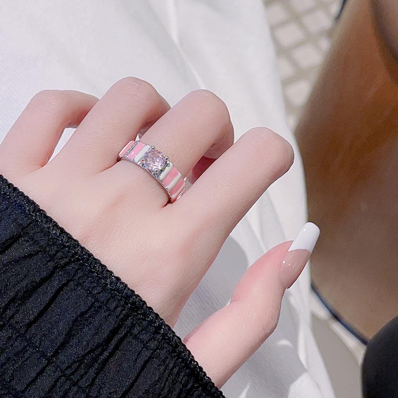 Pink Drop Oil Enamel Flower Opening Ring, High-End Ring, Niche Index Finger Ring Set, Stacked And Worn, Combination Ring Set