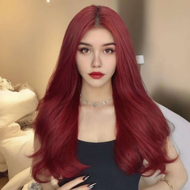 New Wine Red Long Curly Hair Synthetic Wig | Fashion Fluffy Big Wave Micro Roll Breathable Wig