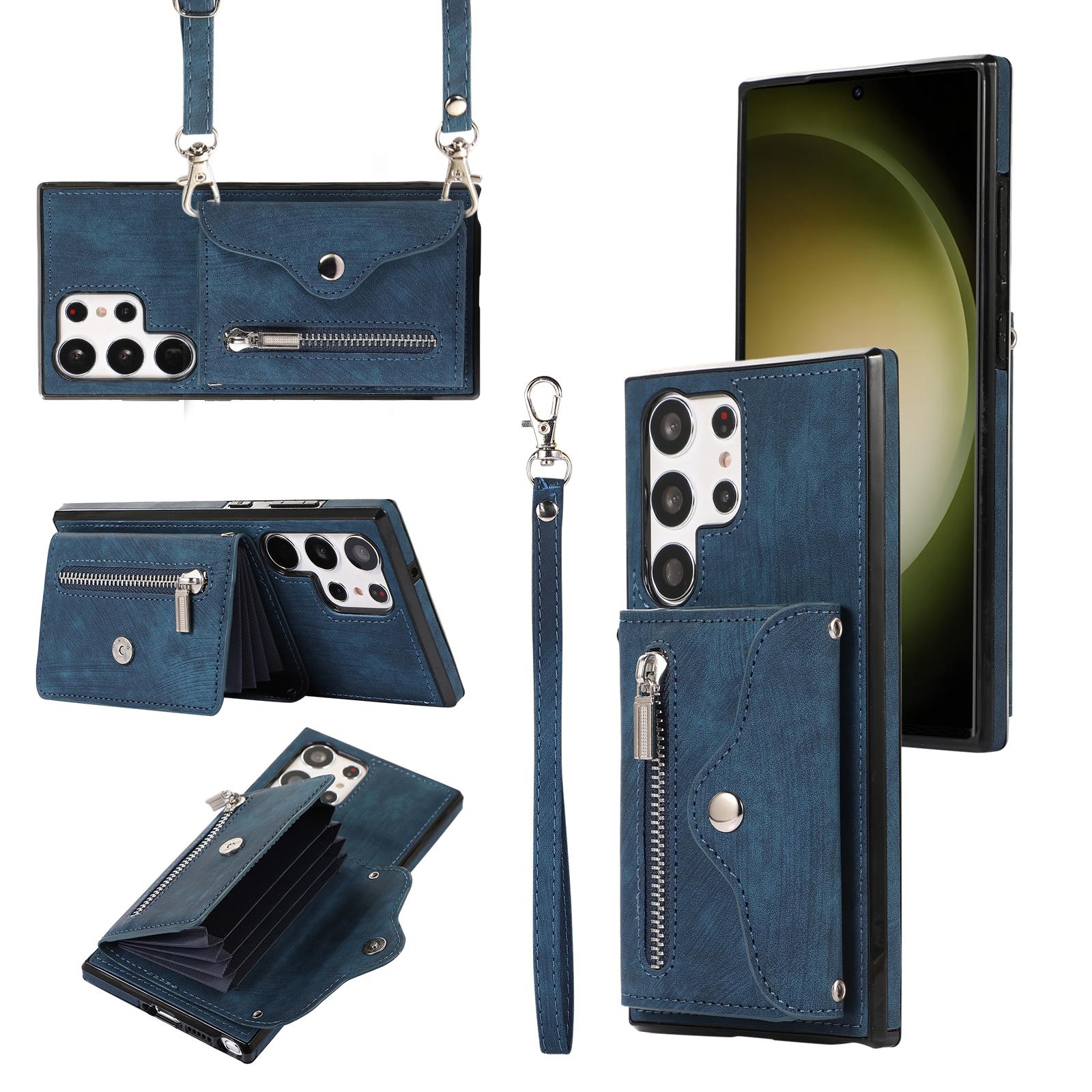 

For Samsung Galaxy S25 Ultra Case PU Leather+TPU RFID Blocking Card Slots Phone Cover with 2 Straps Blue