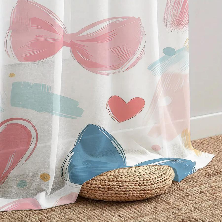 Single Panel White Background Painted Love Bow Gauze Curtain Romantic Style Living Room Bedroom Translucent For Area Made Of Polyester
