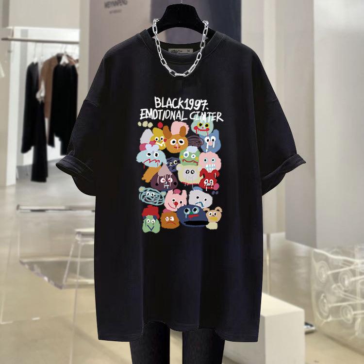 T-shirt Noir à Manches Courtes pour Femme Style Vintage Américain Été Mise à Jour Dessin Animé Doodle Grande Taille Coupe Confortable Coton Longueur Moyenne