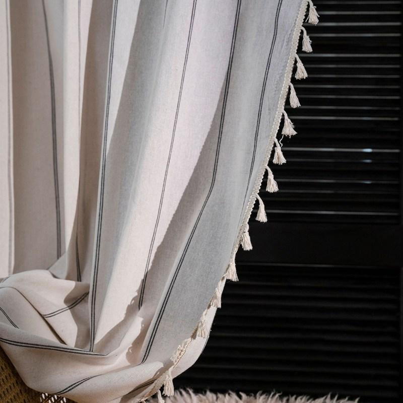 American Style Cotton Linen Black Stripe Yarn-dyed Simple Tassels Window Curtain Blackout Valance Luxury Living Room Curtains