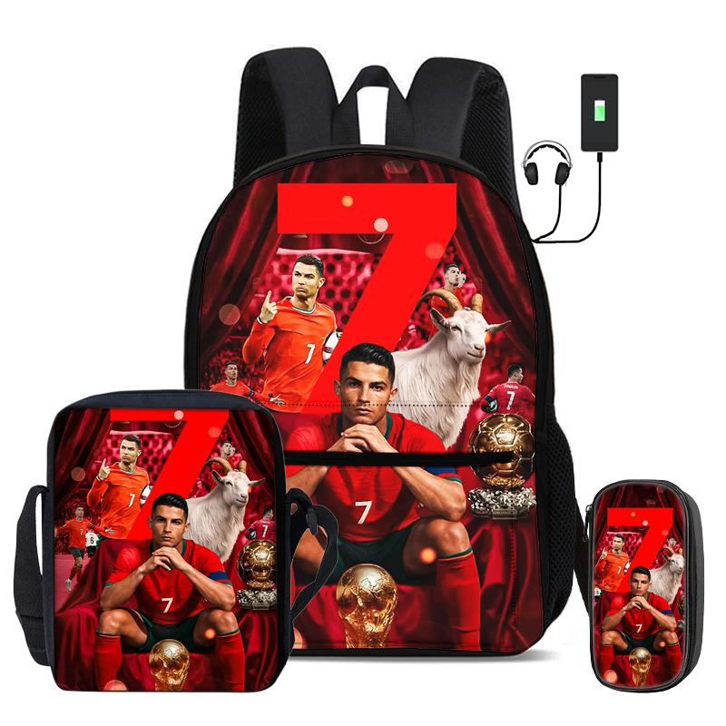 Ronaldo 3 Pcs Set School Bags Backpack with USB Interface CR Football Star Shoulder Bag Football Sports Pencil Bag Kids Rucksack