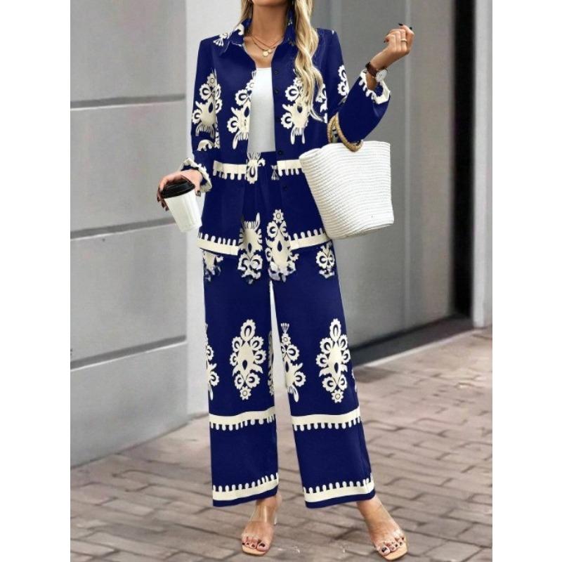 VEZFAA Dámská móda Ležérní Jaro Podzim Dlouhý rukáv POLO Krk Kalhoty Kalhoty Obleky