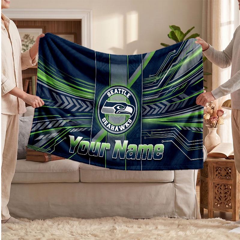 Seattle Seahawks Flannel Blanket, Custom Name Text Personalized Soft Throw Blanket Home Decor Gift