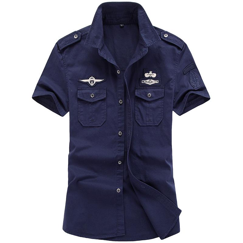 2019 Men's Plus Size Summer Outdoor Casual Cotton Workwear Shirt with Shoulder Epaulets