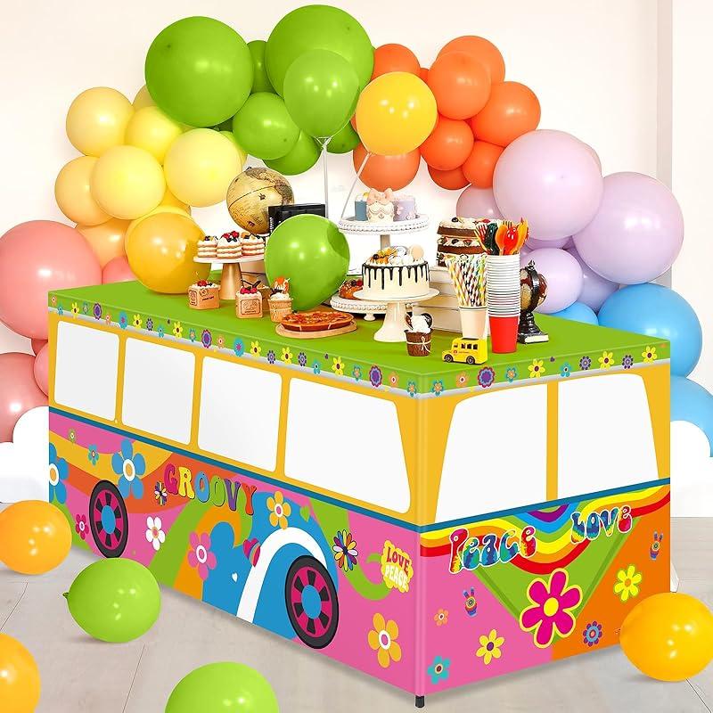6 Ft 60 s Hippie Groovy Bus Tablecloths Birthday Party Decorations 60 s Retro Groovy Table Cover Washable Fabric Polyester Rectangle Table Covers Hippie Groovy