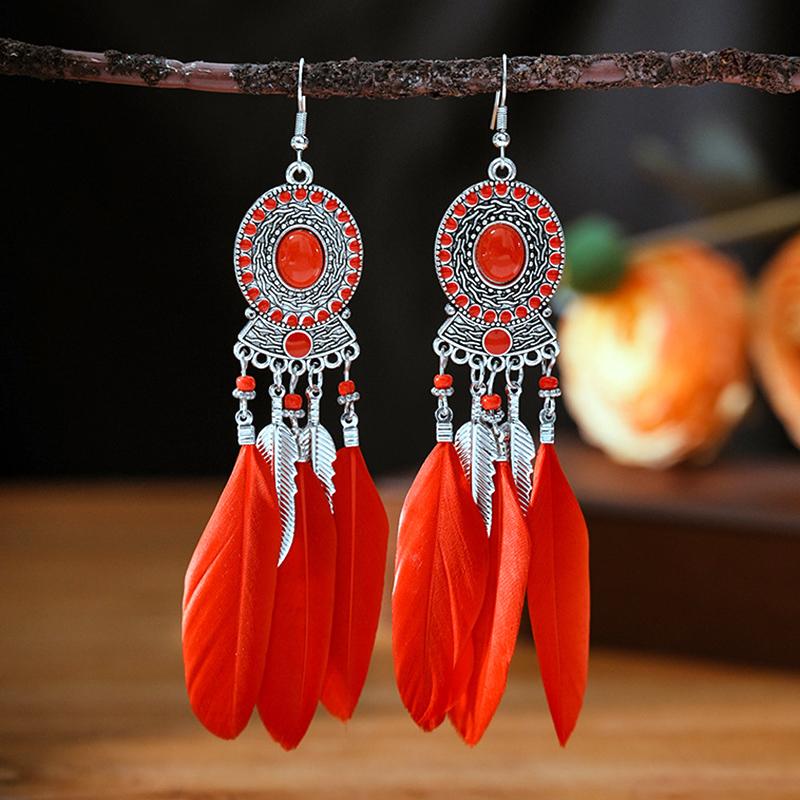 

Bohemian Feather Earrings for Women Vintage Ethnic Style Long Inlaid Bead Metal Leaf Tassel Earring Pendientes Mujer Brincos красный
