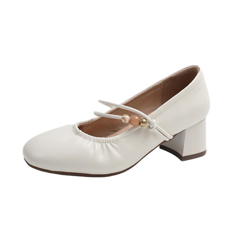 Mary Jane women's shoes 2025 spring and autumn new thick heel shallow mouth single shoes women's medium heel soft leather French temperament small lea