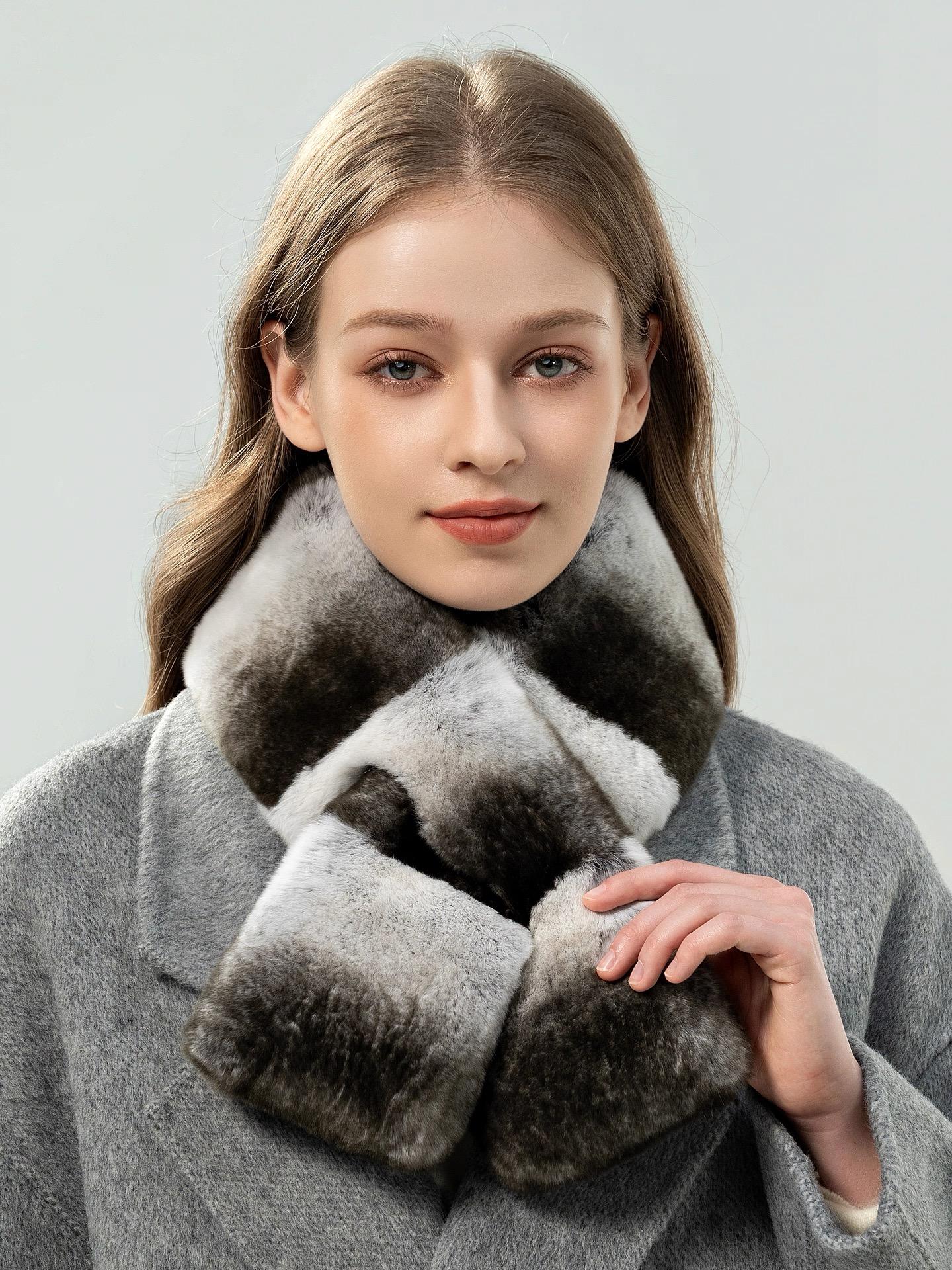 Winter Warm Rex Chinchilla Fur Breathable Eco-Friendly Striped Square Medium Length Women s Fashion Shawl Rabbit Type серый