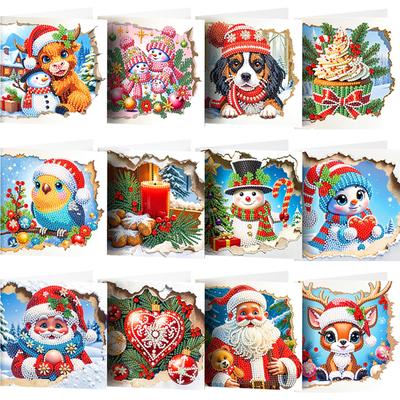12PCS DIY Imprimé Noël Strass Art Diamant Mosaïque Cartes Postales Art Diamant Cartes de Voeux pour Anniversaires Thanksgiving et Fêtes
