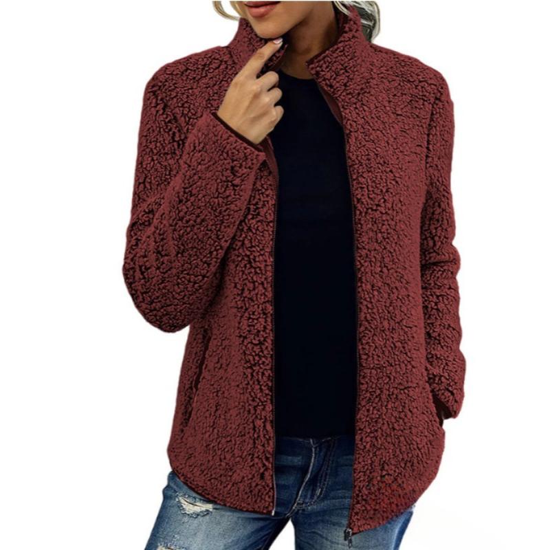 Autumn Women Solid Fleece Jackets Casual Fashion Stand Collar Coat Long Sleeve Zipper Outerwear Clothes