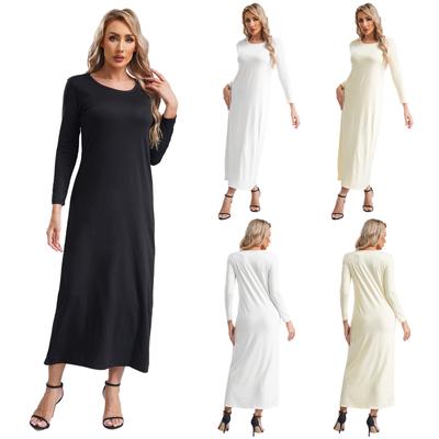 Damen Unifarbene Islamische Arabische Kleider Rundhalsausschnitt Langarm Muslimische Gebets-Langgewänder Locker Basic-Kleid für Freizeitkleidung