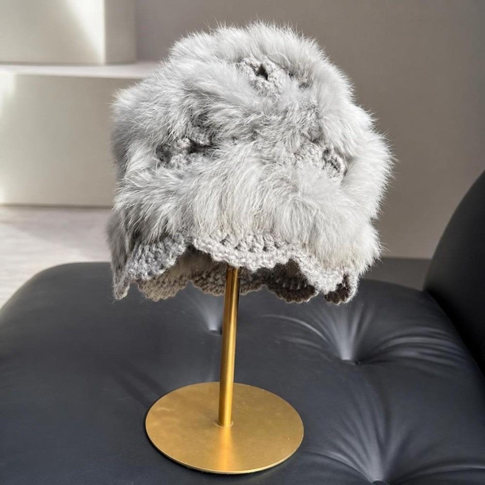 Rabbit Fur Earflap Bucket Hat Warm Plush Hat Trendy Fluffy Knitted Skull Cap  Daily Wear