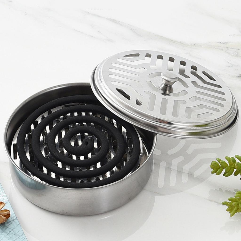 Coil Incense Holder Stainless Steel Fireproof Kick Proof Portable Aromatherapy Round Fly Coil Holder Box with Lid for