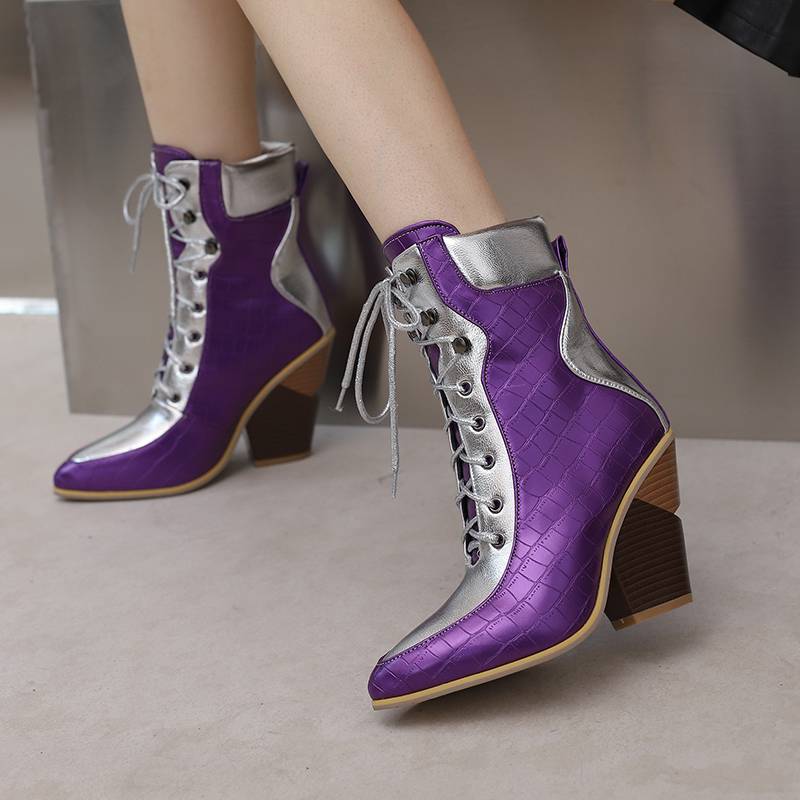 Krazing Pot Polyurethane Autumn Winter Shoes 47 Size 48 Super Size Wedges Pointed Toe Lace Up Serpentine Fashion Ankle Boots