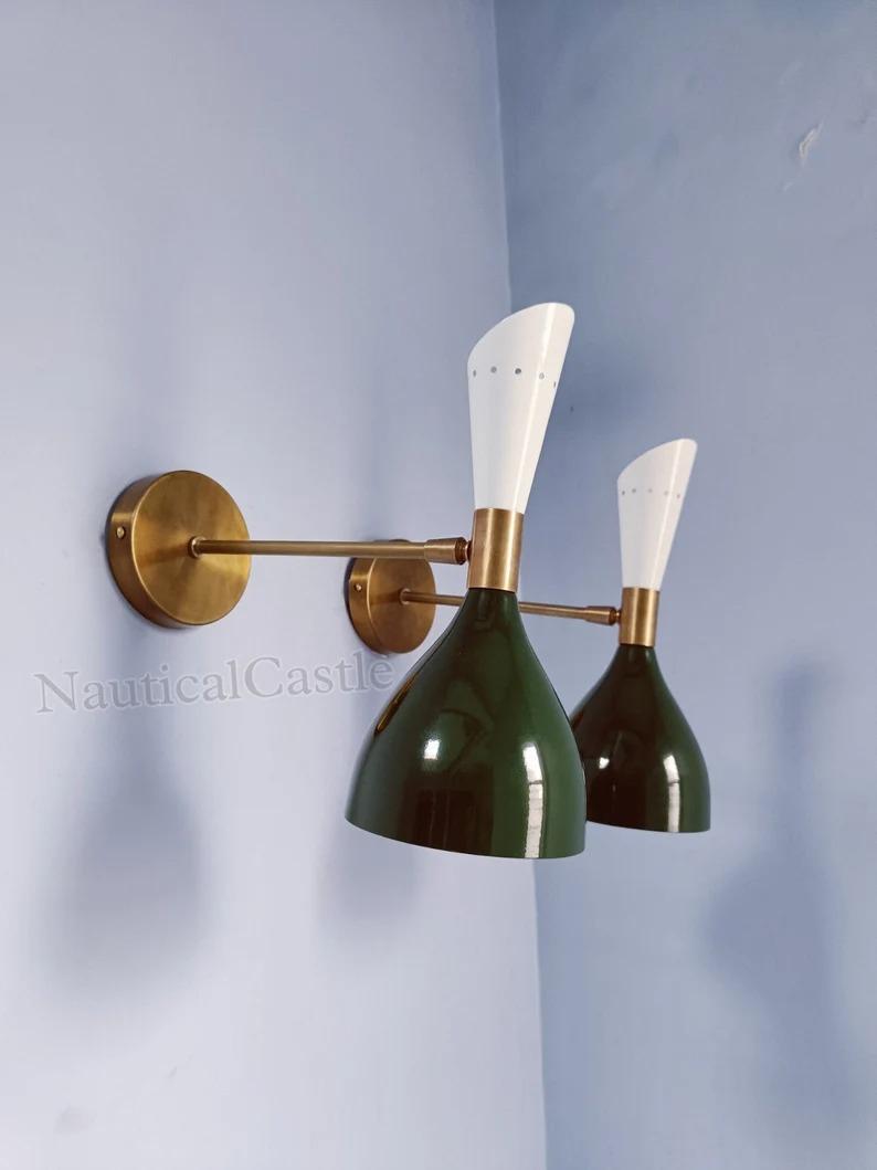

1950s Italian Brass Wall Sconce Pair: Mid-Century Malachite Green Diablo Lights зелений