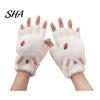 Cute Bear Paw Thermal Mittens Furry Cat Gloves, Flip Top Mitten with Button for Women, Winter Fluffy Plush Accessories Half Finger Gloves Print