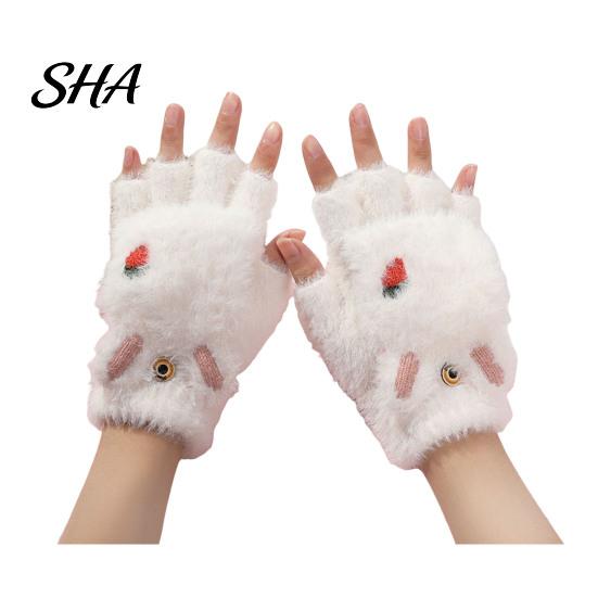 Cute Bear Paw Thermal Mittens Furry Cat Gloves, Flip Top Mitten with Button for Women, Winter Fluffy Plush Accessories Half Finger Gloves Print