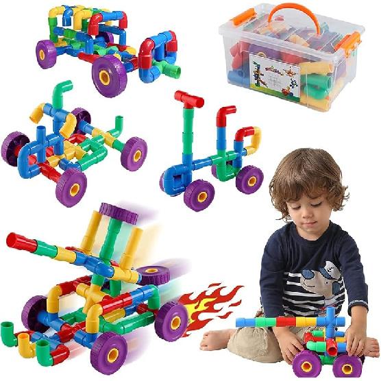 ZOZOPLAY STEM Learning Toy Tubular Pipes & Spouts & Joints 64 Piece Build Bicycle, Tank, Scootie, Moter Skills Endless Designs Educational Building 64pcs