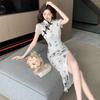 Summer Floral Cheongsam-Inspired Slim Midi Dress with Pleats and Slit