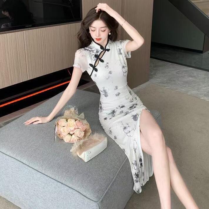Summer Floral Cheongsam-Inspired Slim Midi Dress with Pleats and Slit