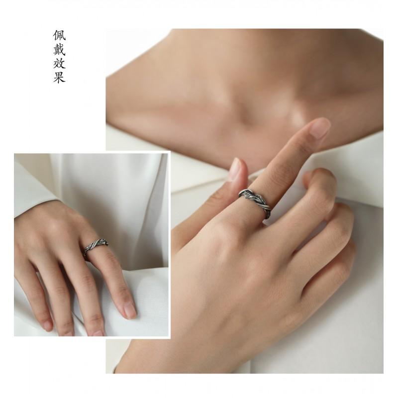 Adjustable Open Ring Men Women Sterling Geometric Vintage Wooden Texture Band Minimalist Couple Jewelry