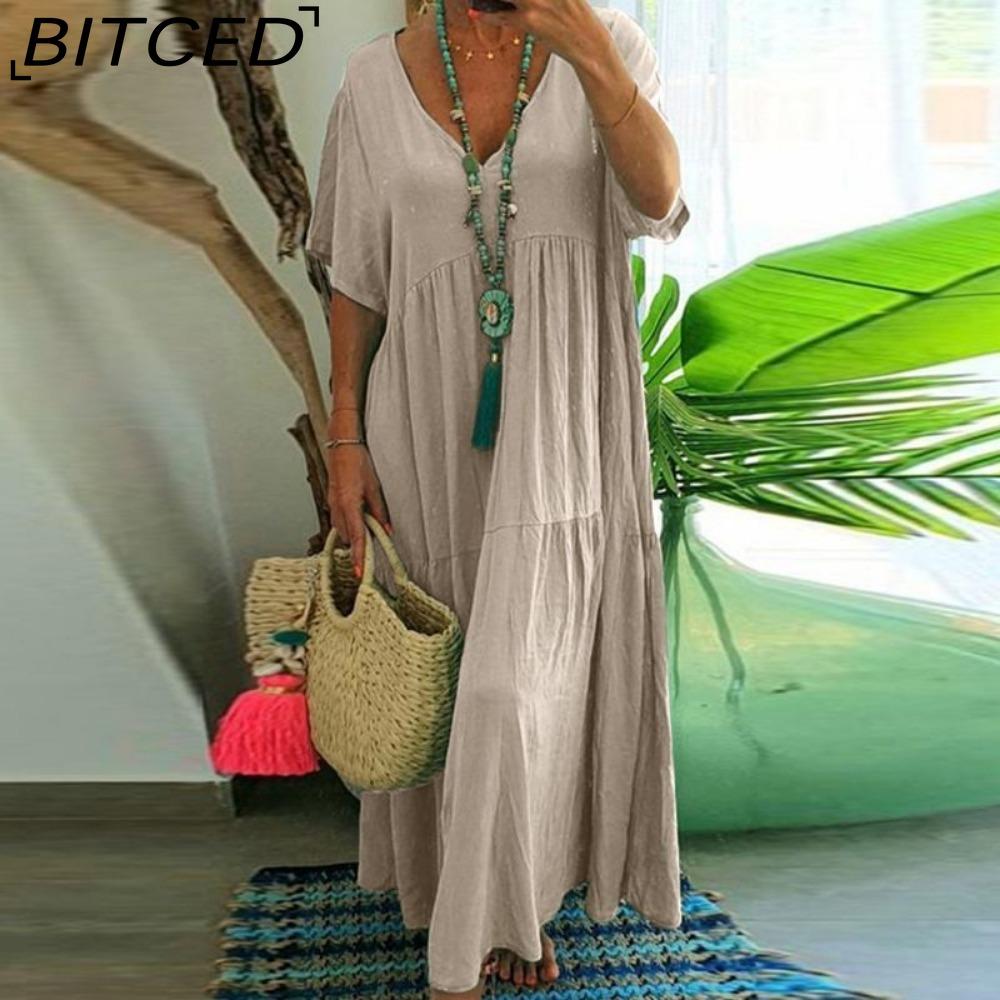 BITCED Women Summer Fashion Solid V-Neck Plus Size Dress Loose Long Oversized Casual Short Sleeve Dress