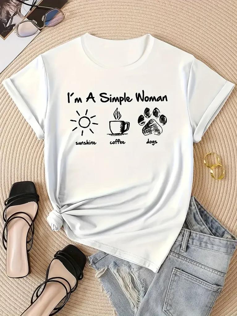 I Am A Simple Woman With Letters Sunshine Coffee Dog Pattern Tshirt Fun Cute Retro Womens Tshirt Fashion Casual Summer Tops