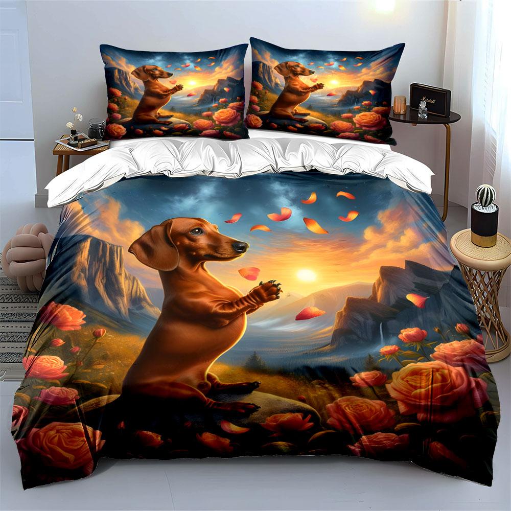 3Pcs Dachshund Sunset Mountain Rose Bedding Set Realistic Pet Floral Print Duvet Cover 2 Pillowcases King Queen Gift
