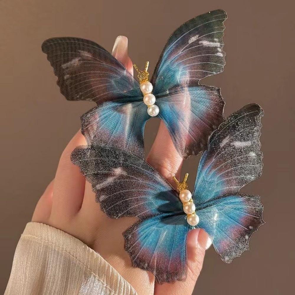 New Pearl Butterfly Hair Clips Dreamy Blue Ponytail Headdress Mesh Lace Butterfly Hairpins Hair Accessories