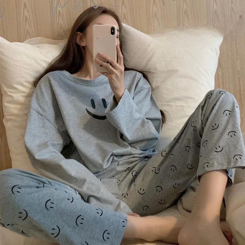New Korean Version of The Smiley Pajamas Female Spring and Fall Long-Sleeved Women Nightwear Sports Style Sleepwear Loungewear