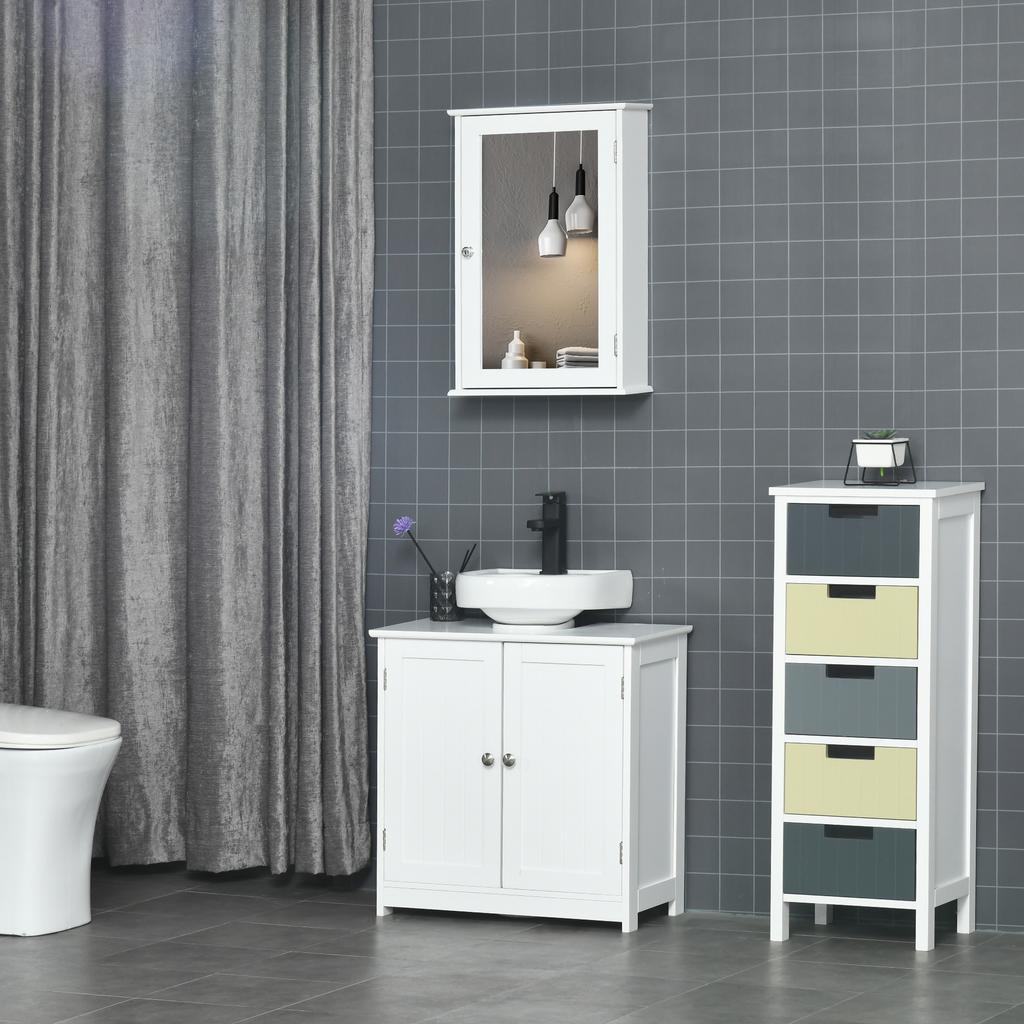 Wall-Mounted Bathroom Cabinet with Mirror - Mirror Cabinet - Toilet Storage Cabinet - 1 Door, 2 Shelves - Glass MDF White