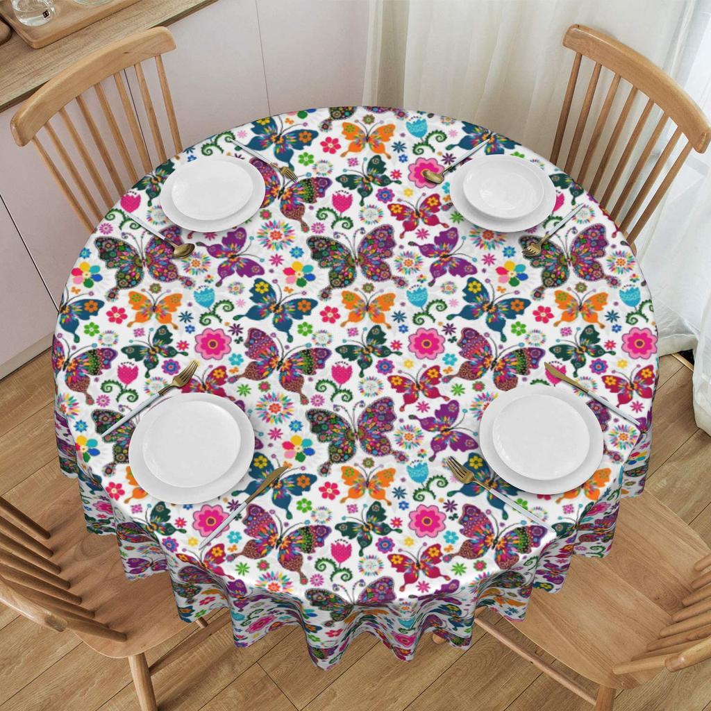 Round Oilproof Funny Colourful Butterfly Printed Table Cover Tablecloth for Picnic 60 Inch Table Cloth