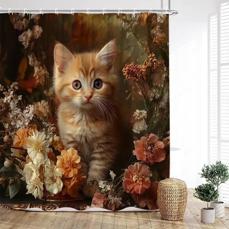 

Милые кошки Занавеска для душа Винтажная акварельная цветочная Растения Животные Домашний питомец Детская занавеска для ванны Ткань Домашний декор для ванной комнаты с крючками 90x180cm-35x70in
