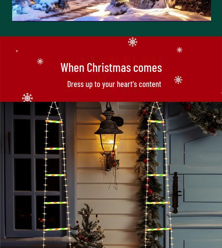 Santa Claus lezoucí po žebříku Dekorace na vánoční stromek a okno Světla