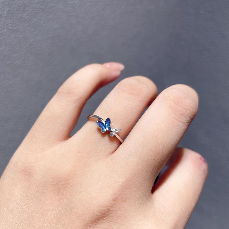 S925 Sterling Silver Blue Butterfly Open Ring: Women's Fashionable High-End Index Finger Accessory