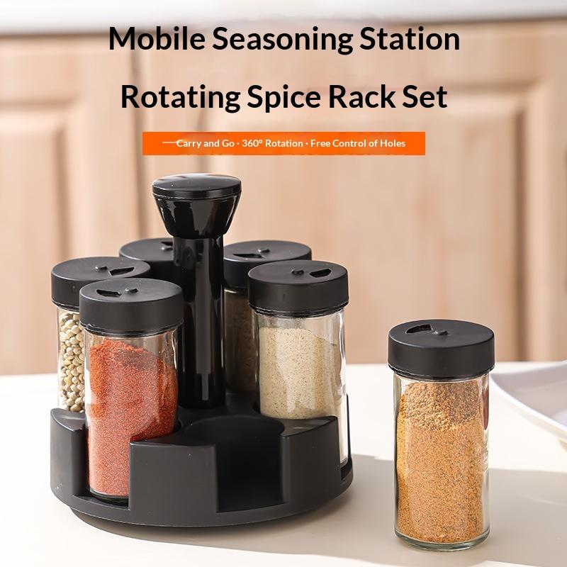 6-Jar Rotating Spice Rack Set Countertop Seasoning Container Organizer for Home Kitchen Cooking Storage Use