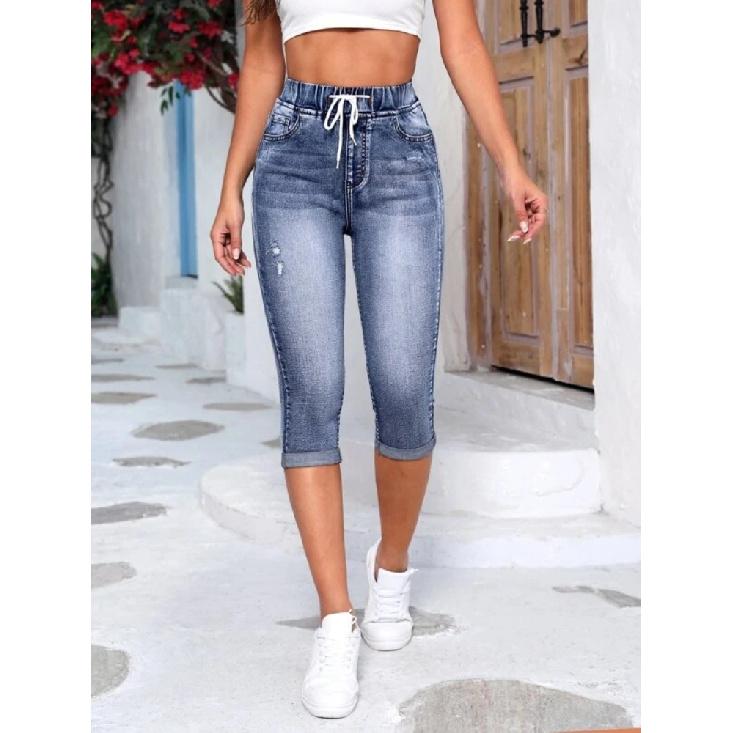 Damskie Spodnie Jeansowe Vintage Lato Wysoki Stan Slim Fit Sznurek w Pasie Spodnie Capri Streetwear Krótkie Spodenki Jeansowe Collant