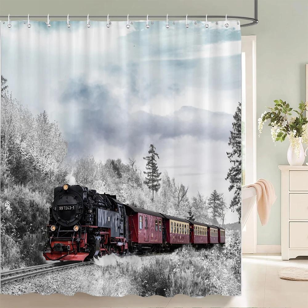 Retro And Old Age Of Steam Train Shower Curtain 3D Printed Polyester Fabric Waterproof Bathroom Curtain Decoration With Hooks