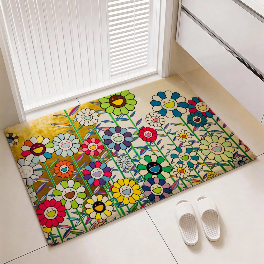 Classic Artwork T-Takashi M-Murakami Floor Mat Soft Thickened Flannel Door Mat Non-Slip Living Room Rug Home Decor