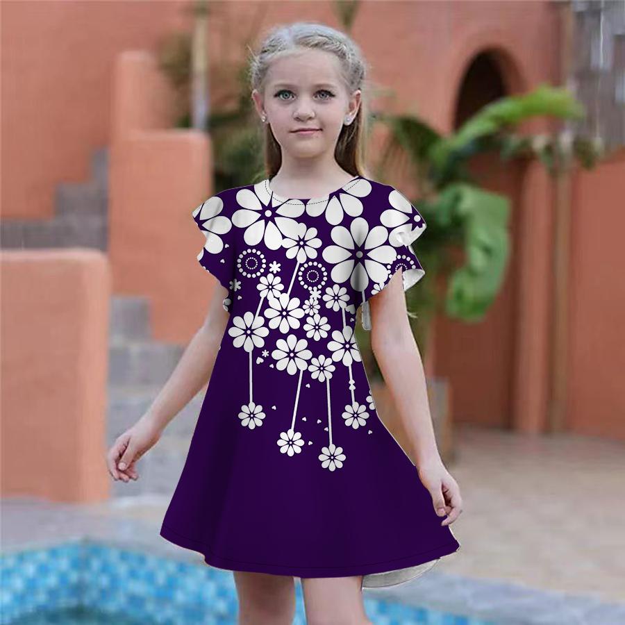 Mädchen-Kleid mit Gänseblümchenmuster, Kinder-Partykleid, locker sitzender, locker sitzender, kurzärmliger Rock für Mädchen über vier Jahre